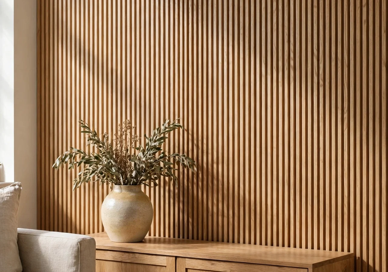 Warm oak fluted wall panels in a living room