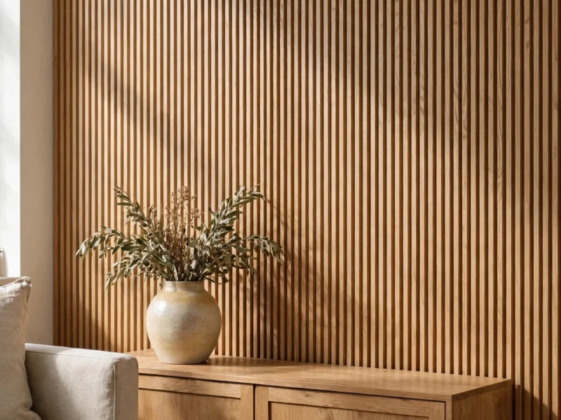 Warm oak fluted wall panels in a living room