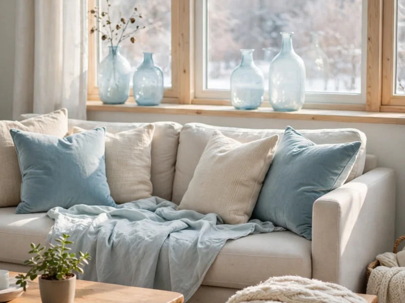 A bright living room styled with ice-blue cushions, a washed linen throw, and pale blue glass vases catching winter daylight.