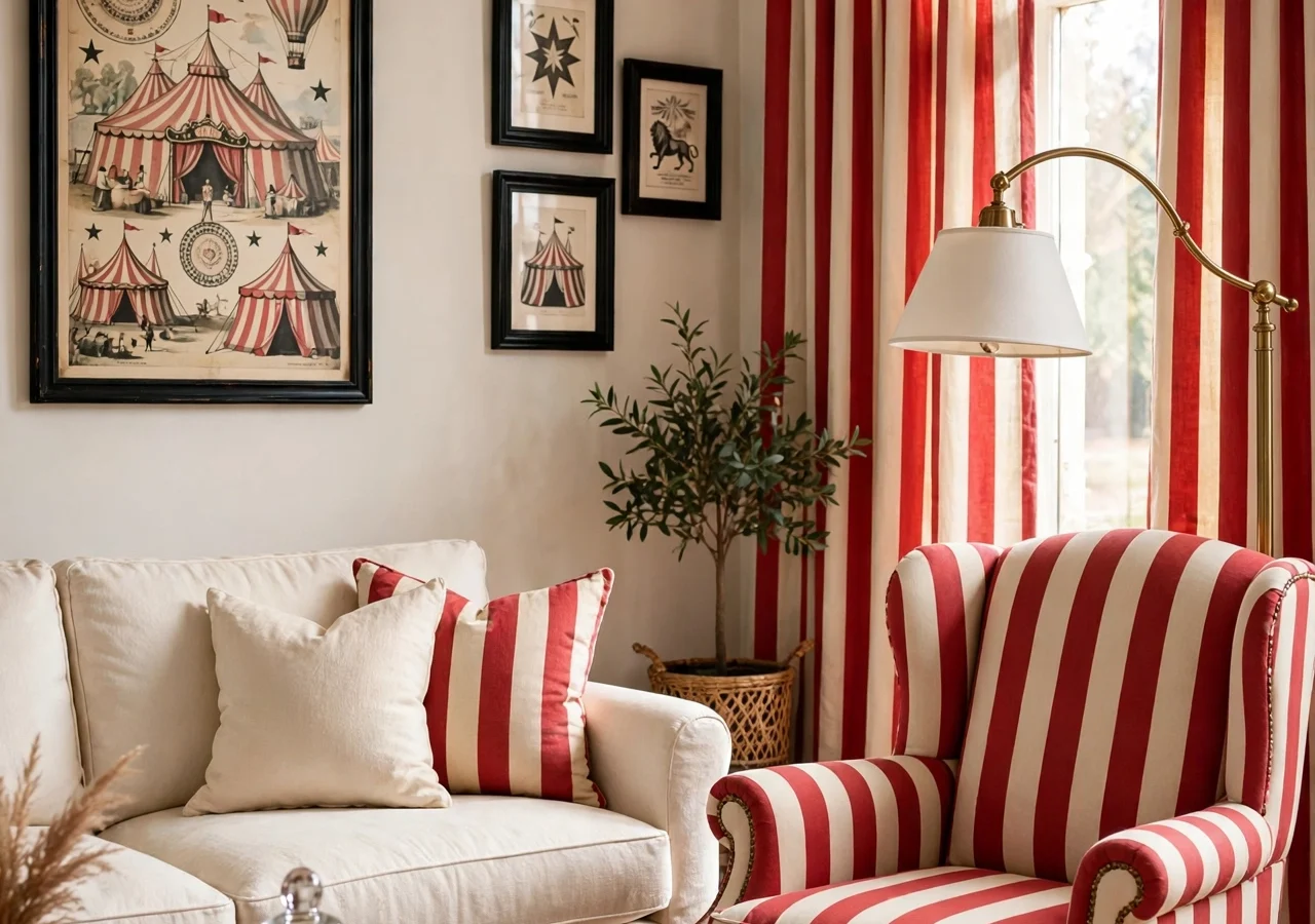 A circus-chic living room with red and cream awning stripes, brass accents, and vintage circus art