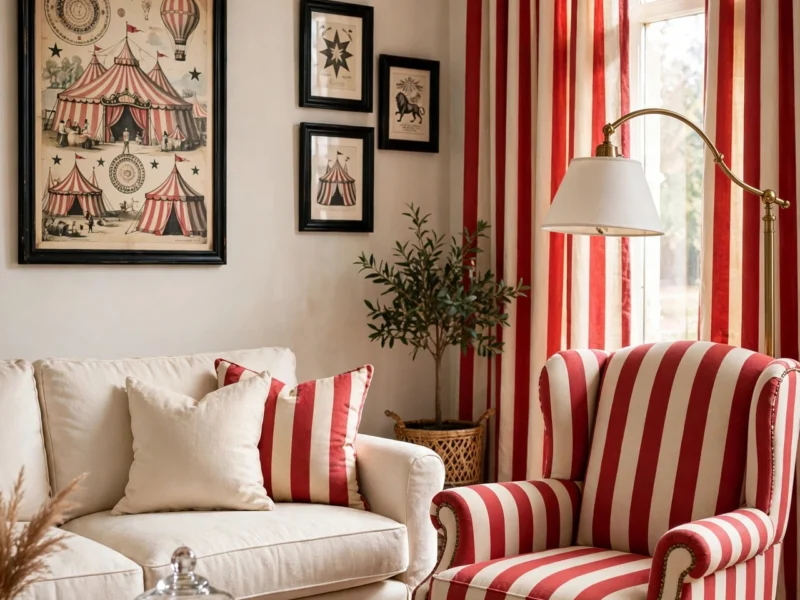 A circus-chic living room with red and cream awning stripes, brass accents, and vintage circus art