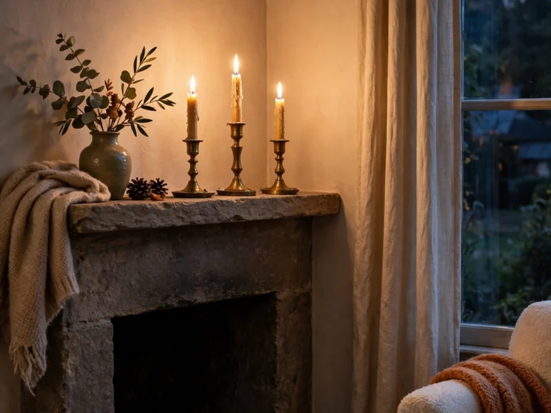 A cosy living room table styled with wrapped gifts, candles and a throw