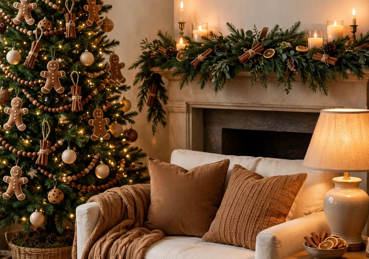 Cozy living room decorated for Christmas in a gingerbread theme with a cookie-brown and cream tree