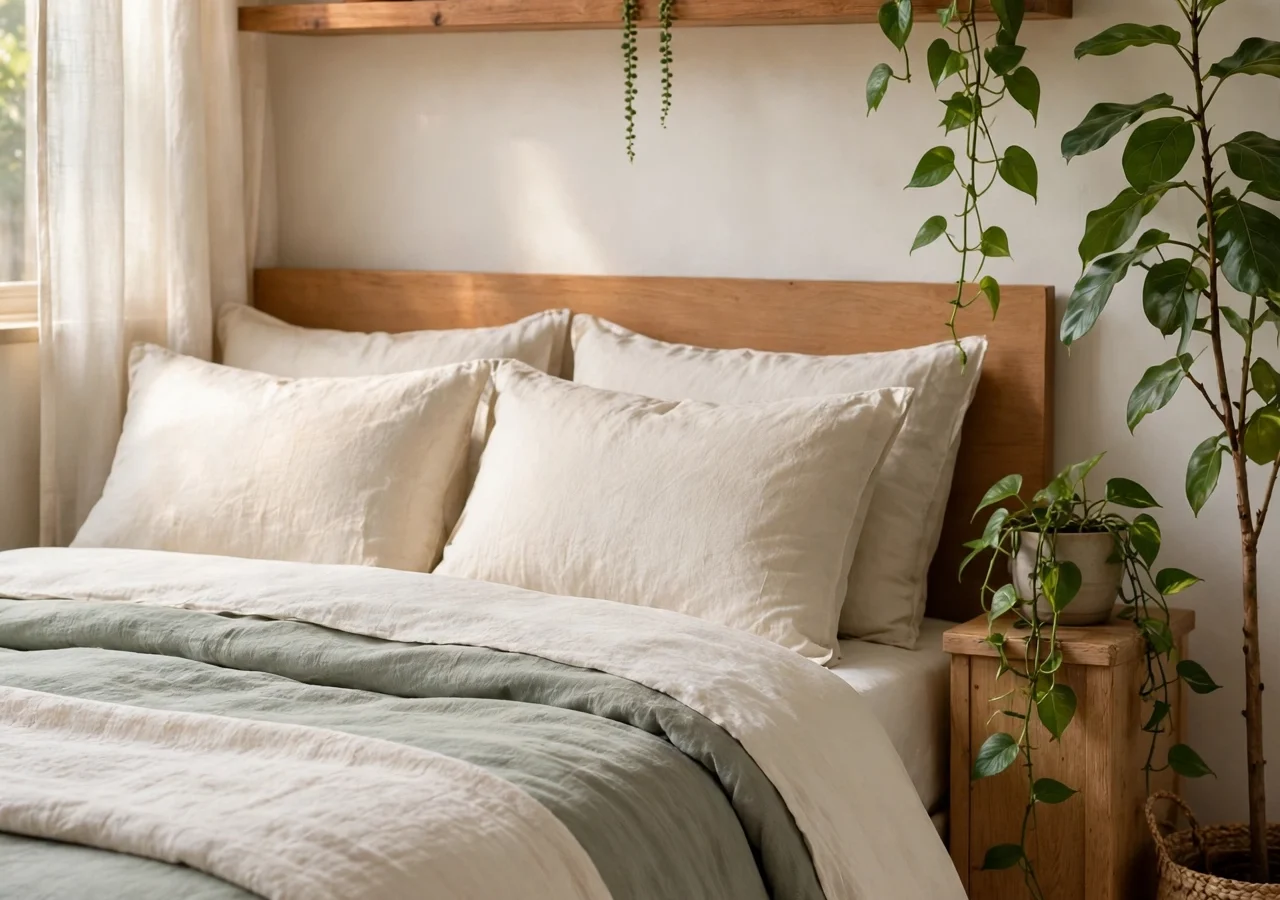 A calm plant-filled bedroom with a tall floor plant beside the bed and trailing plants on the nightstand and shelf