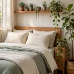 A calm plant-filled bedroom with a tall floor plant beside the bed and trailing plants on the nightstand and shelf