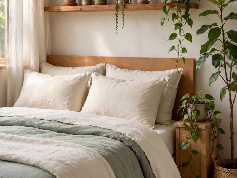 A calm plant-filled bedroom with a tall floor plant beside the bed and trailing plants on the nightstand and shelf