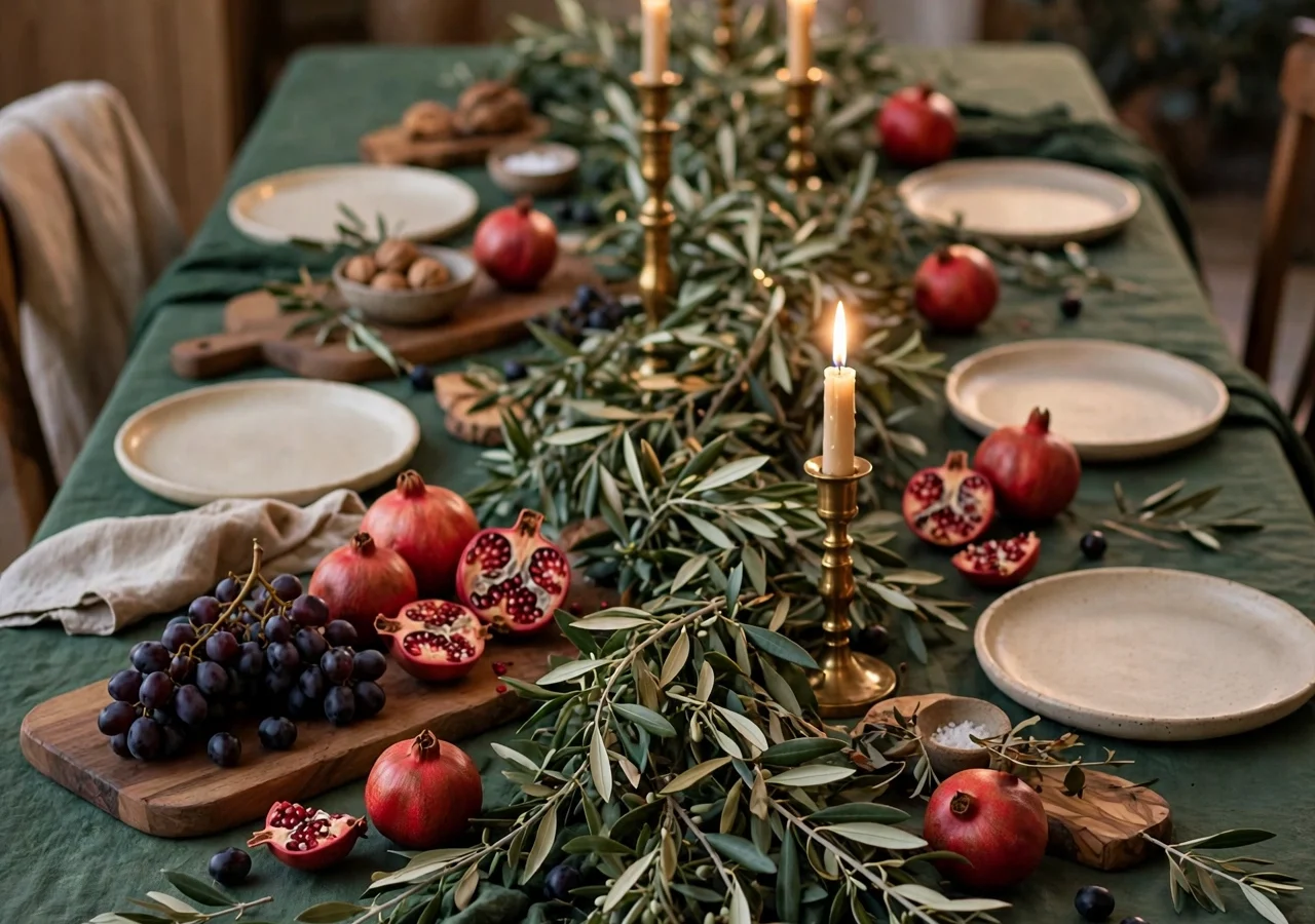 Thanksgiving table in forest green, olive and brass with olive branch garland and lit candles