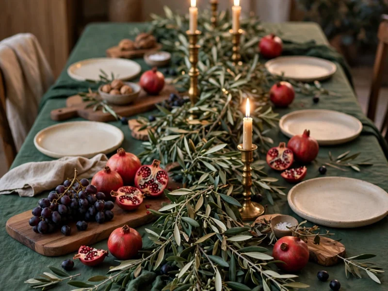 Thanksgiving table in forest green, olive and brass with olive branch garland and lit candles