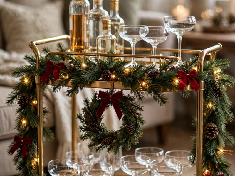 A brass bar cart styled for Christmas with pine garland, fairy lights and gold accents.