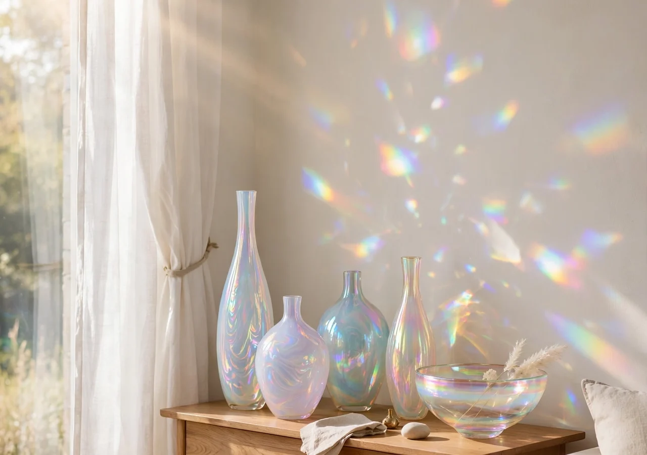 Iridescent opalescent glass vases and bowl on a console table, rainbow light refractions on the wall