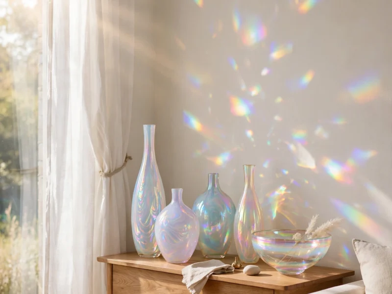 Iridescent opalescent glass vases and bowl on a console table, rainbow light refractions on the wall