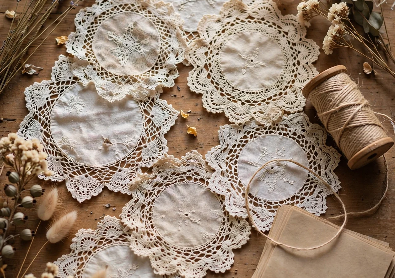 Vintage white lace doilies styled with dried flowers, twine and craft supplies on a wooden table