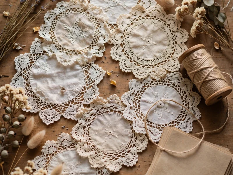 Vintage white lace doilies styled with dried flowers, twine and craft supplies on a wooden table