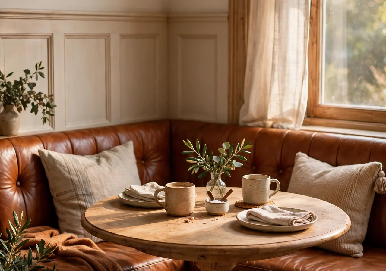 Cognac leather banquette dining nook with a wooden pedestal table