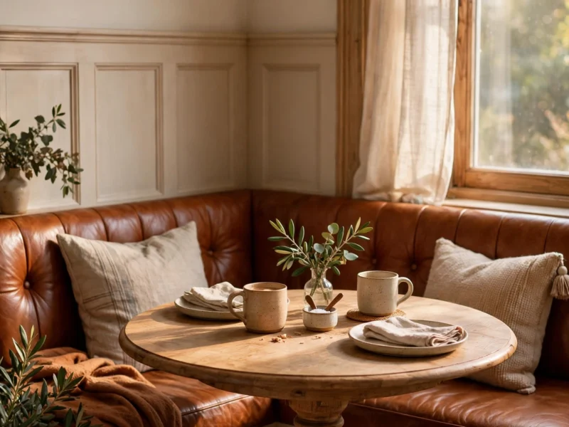 Cognac leather banquette dining nook with a wooden pedestal table