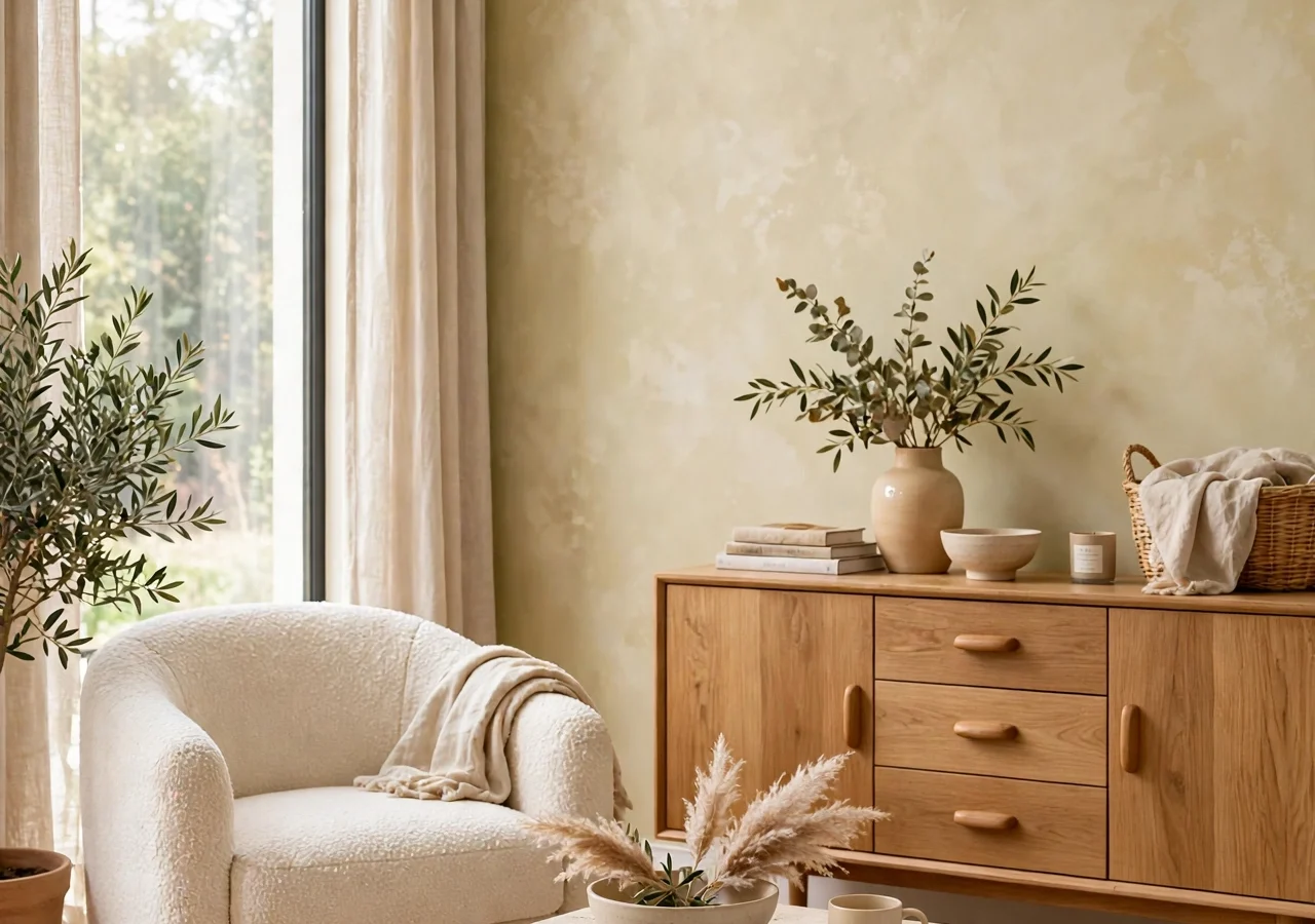 A bright living room with warm limewash walls, oak furniture and linen curtains