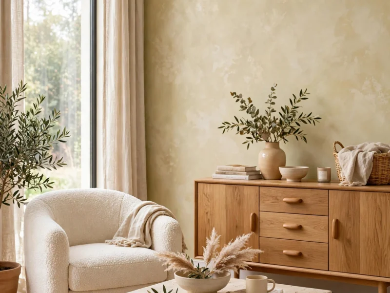 A bright living room with warm limewash walls, oak furniture and linen curtains