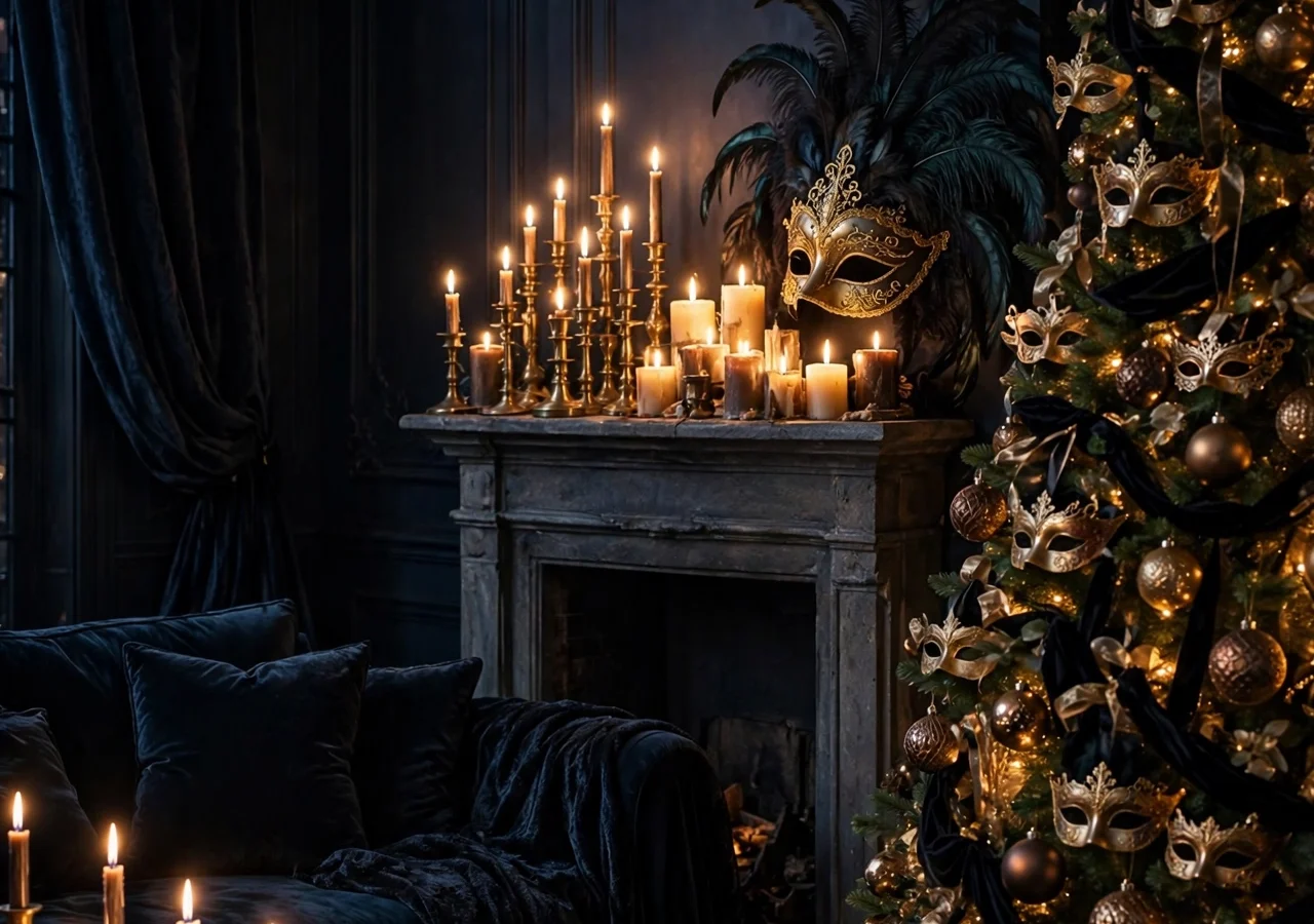 A masquerade-themed Christmas living room in midnight blue and gold