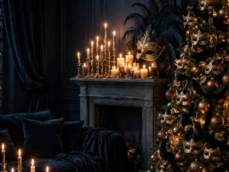 A masquerade-themed Christmas living room in midnight blue and gold