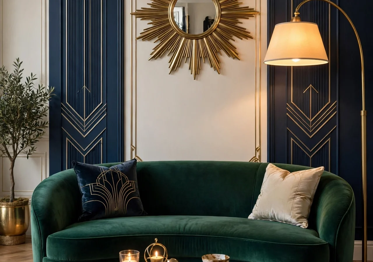 Art deco living room with emerald velvet sofa, brass sunburst mirror, black marble coffee table, and fan-pattern rug