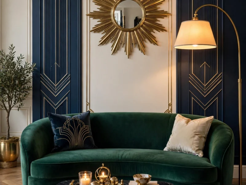 Art deco living room with emerald velvet sofa, brass sunburst mirror, black marble coffee table, and fan-pattern rug