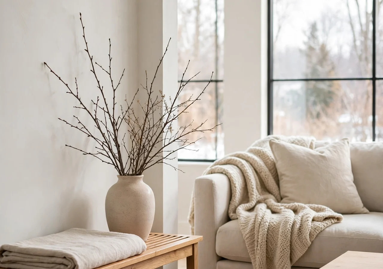 A calm, bright living room in January after the holidays, with neutral tones and bare branches in a vase