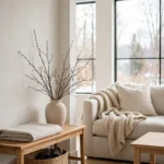 A calm, bright living room in January after the holidays, with neutral tones and bare branches in a vase