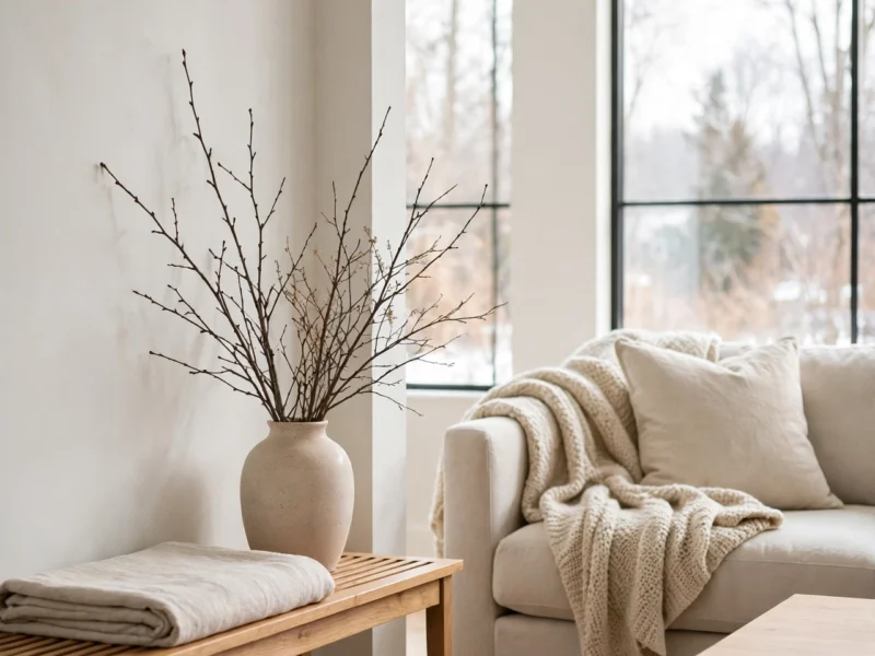 A calm, bright living room in January after the holidays, with neutral tones and bare branches in a vase