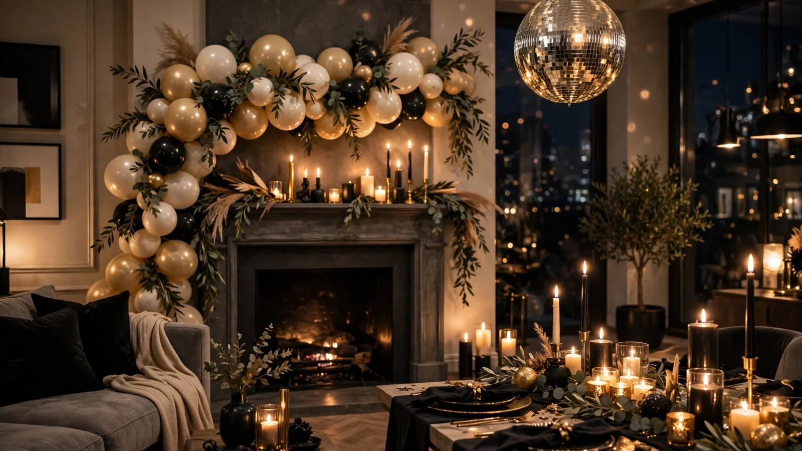A golden New Year's Eve party setup with balloons, candles, and champagne at midnight.