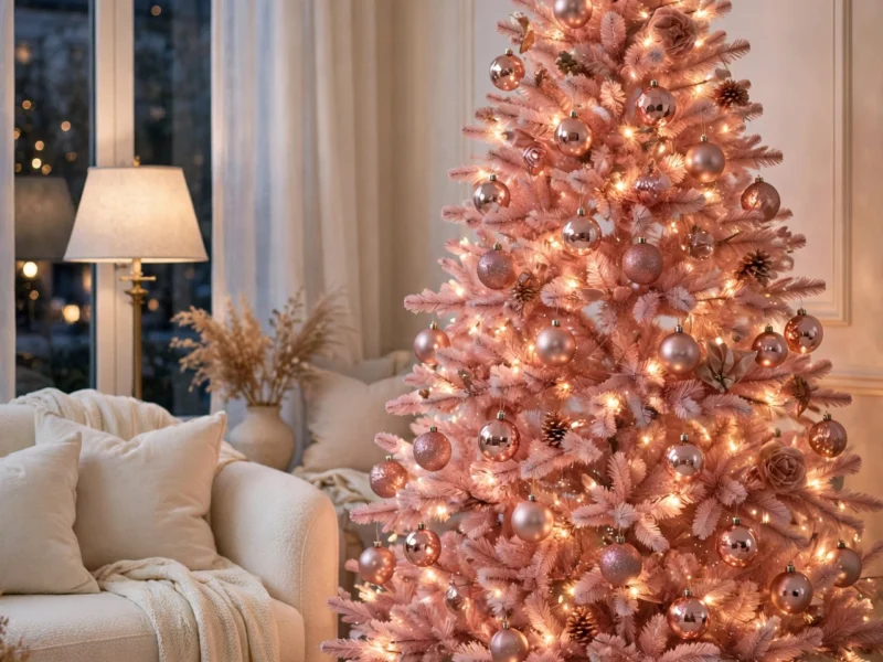 A blush pink Christmas tree decorated with rose gold baubles and warm white lights