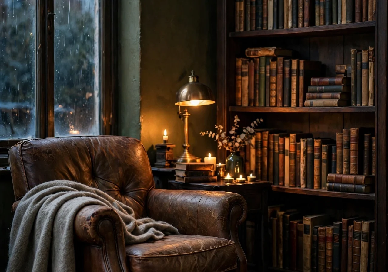A poetcore dark academia reading corner: worn leather armchair, dark wood bookcase, and a brass lamp glowing at dusk