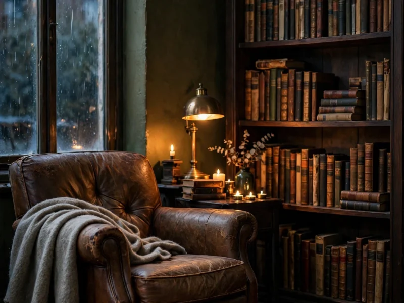 A poetcore dark academia reading corner: worn leather armchair, dark wood bookcase, and a brass lamp glowing at dusk