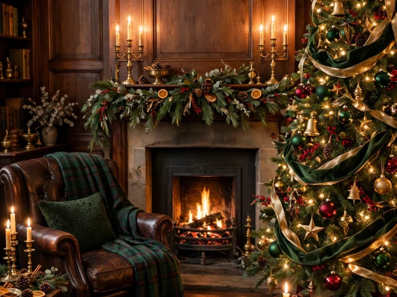 Heritage-style Christmas living room with a green, oxblood and gold tree, tartan throw and candlelit mantel