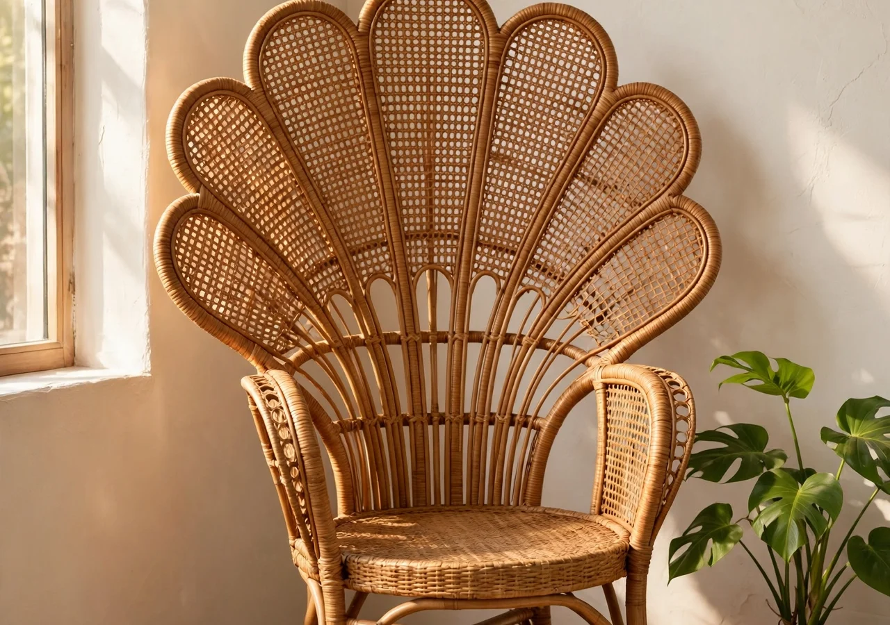 Rattan peacock chair styled in a sunlit neutral corner with a jute rug and monstera plant