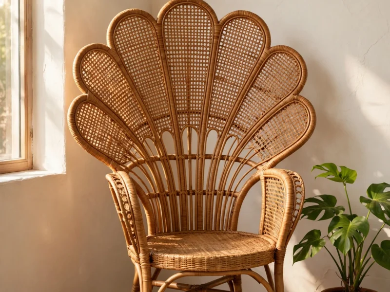 Rattan peacock chair styled in a sunlit neutral corner with a jute rug and monstera plant