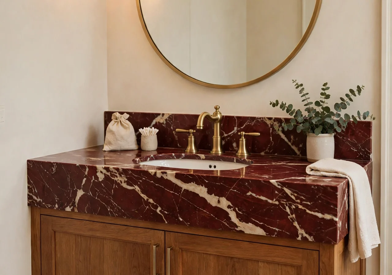 Elegant bathroom with a deep red marble vanity top, brass taps and warm wood cabinet