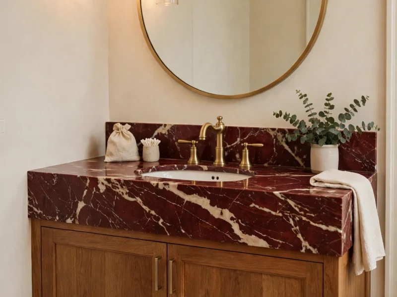 Elegant bathroom with a deep red marble vanity top, brass taps and warm wood cabinet