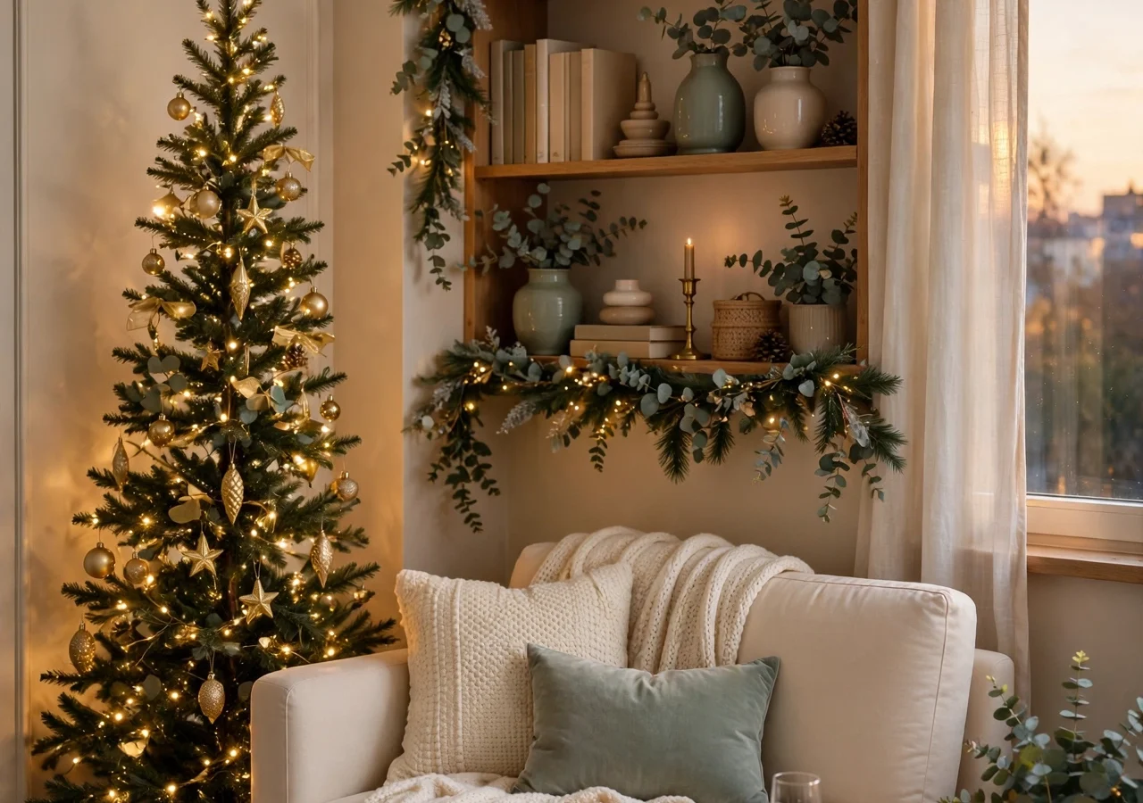 A small apartment living room decorated for Christmas with a slim pencil tree, cream knit throw and garland on the bookshelf, glowing with warm light