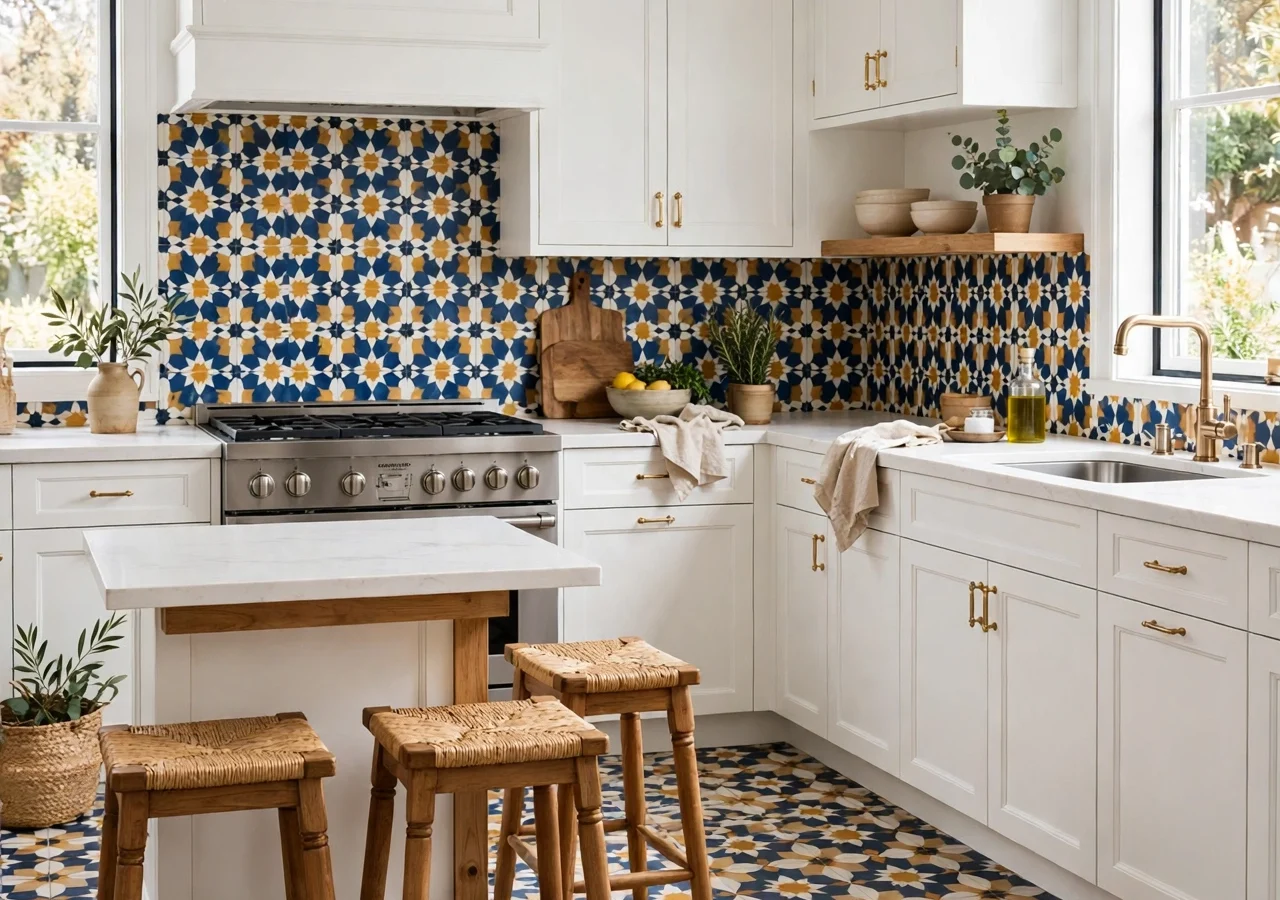 A bright kitchen with a bold patterned tile floor and matching backsplash