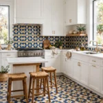 A bright kitchen with a bold patterned tile floor and matching backsplash