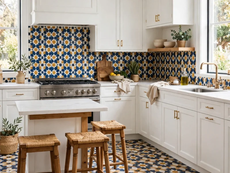 A bright kitchen with a bold patterned tile floor and matching backsplash