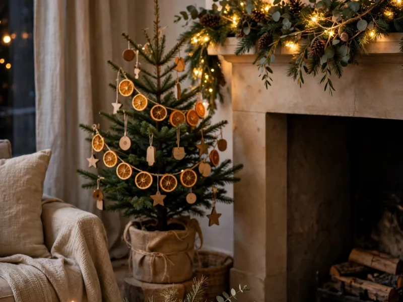 A living potted Christmas tree with dried orange garland, foraged mantel greenery and beeswax candles in a nature-led living room
