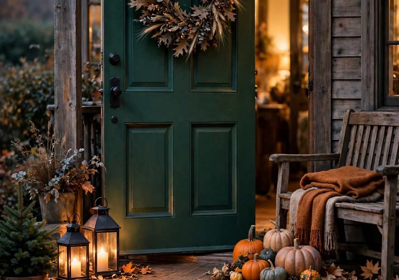 Thanksgiving front porch at dusk with a dried-leaf wreath, pumpkins and glowing lanterns