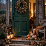 Thanksgiving front porch at dusk with a dried-leaf wreath, pumpkins and glowing lanterns