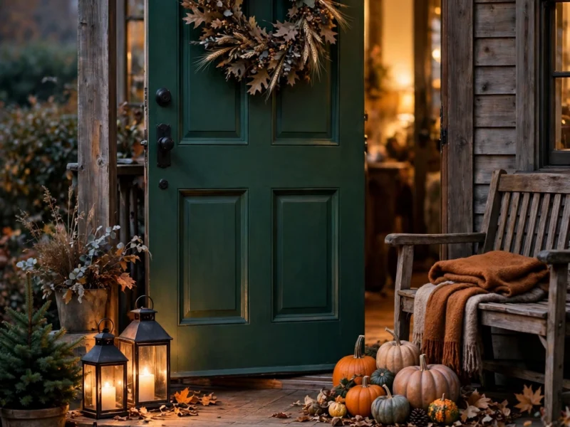 Thanksgiving front porch at dusk with a dried-leaf wreath, pumpkins and glowing lanterns