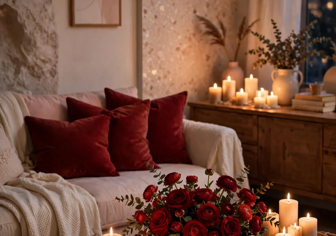Romantic living room with blush cushions, deep red velvet accents and low candlelight