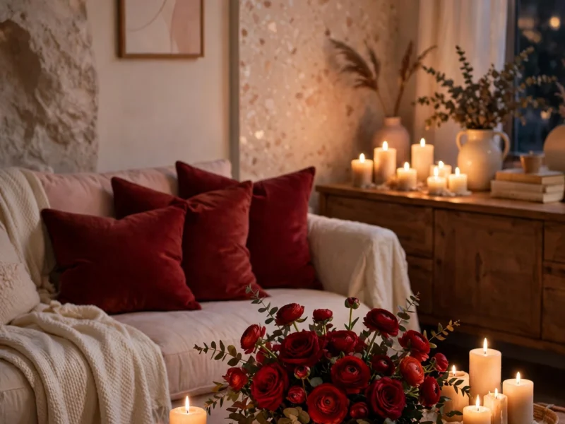 Romantic living room with blush cushions, deep red velvet accents and low candlelight