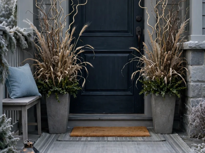 A styled winter front porch after the holidays: boxwood and willow planters, glowing lanterns, layered doormats, and a dusty-blue accent cushion.