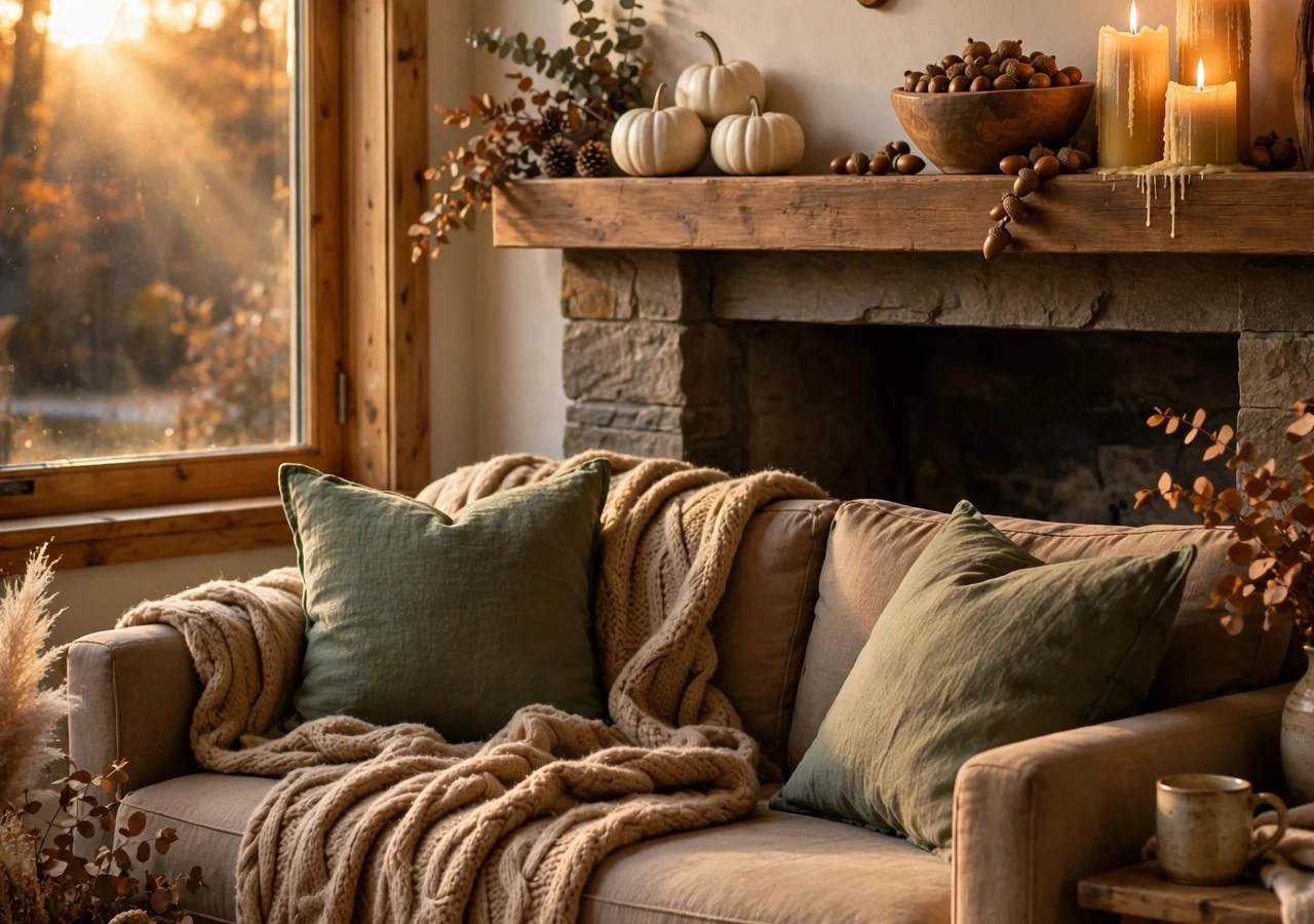 A fawn-toned living room styled in woodland fall decor: camel wool throw, antler mantel, and warm candlelight.