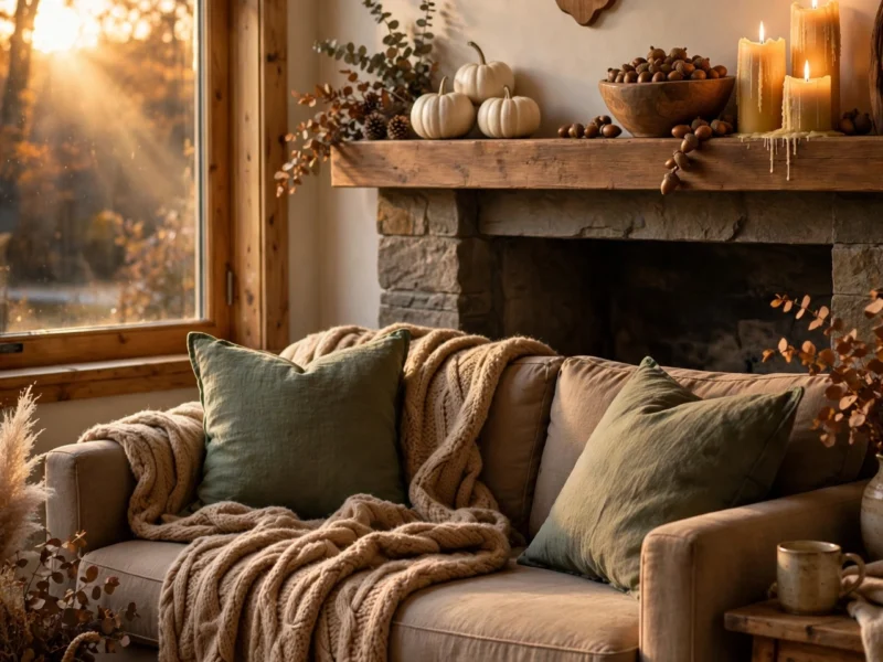 A fawn-toned living room styled in woodland fall decor: camel wool throw, antler mantel, and warm candlelight.